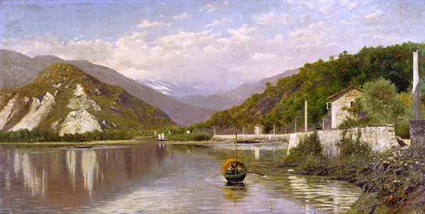 Francesco Gnecchi - Fondo Toce (Lago Maggiore) o Il Sempione dal Lago Maggiore,  1884,olio su tela, cm 75,5 x 149, Gallerie d'Italia