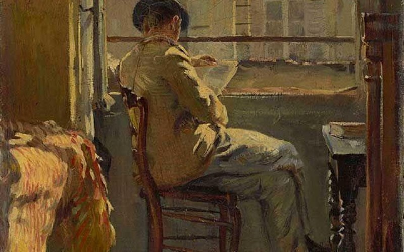 “Giovanni Giacometti legge alla finestra – Parigi  (Giovanni Giacometti am Fenster lesend – Paris)” 1890, olio su tela, 41 x 32.5 cm Collezione privata