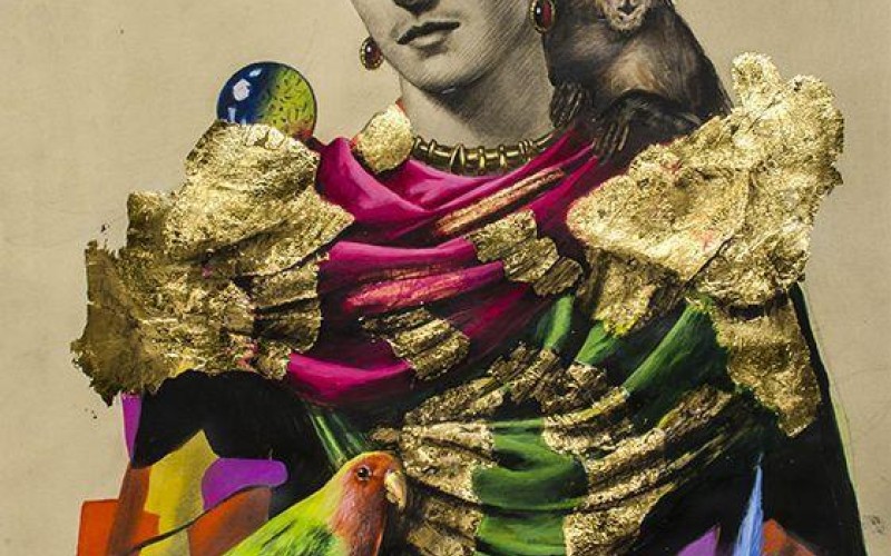 Frida Khalo tecnica mista su carta china acquerellata e foglia oro con acquerello cm 50x70 2018